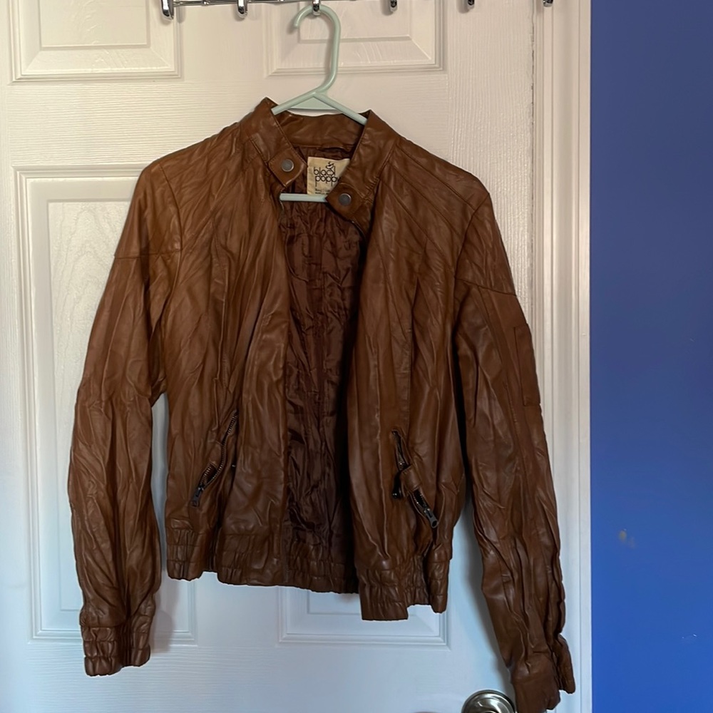 Brown Faux Leather Bomber Jacket - Women’s Medium
